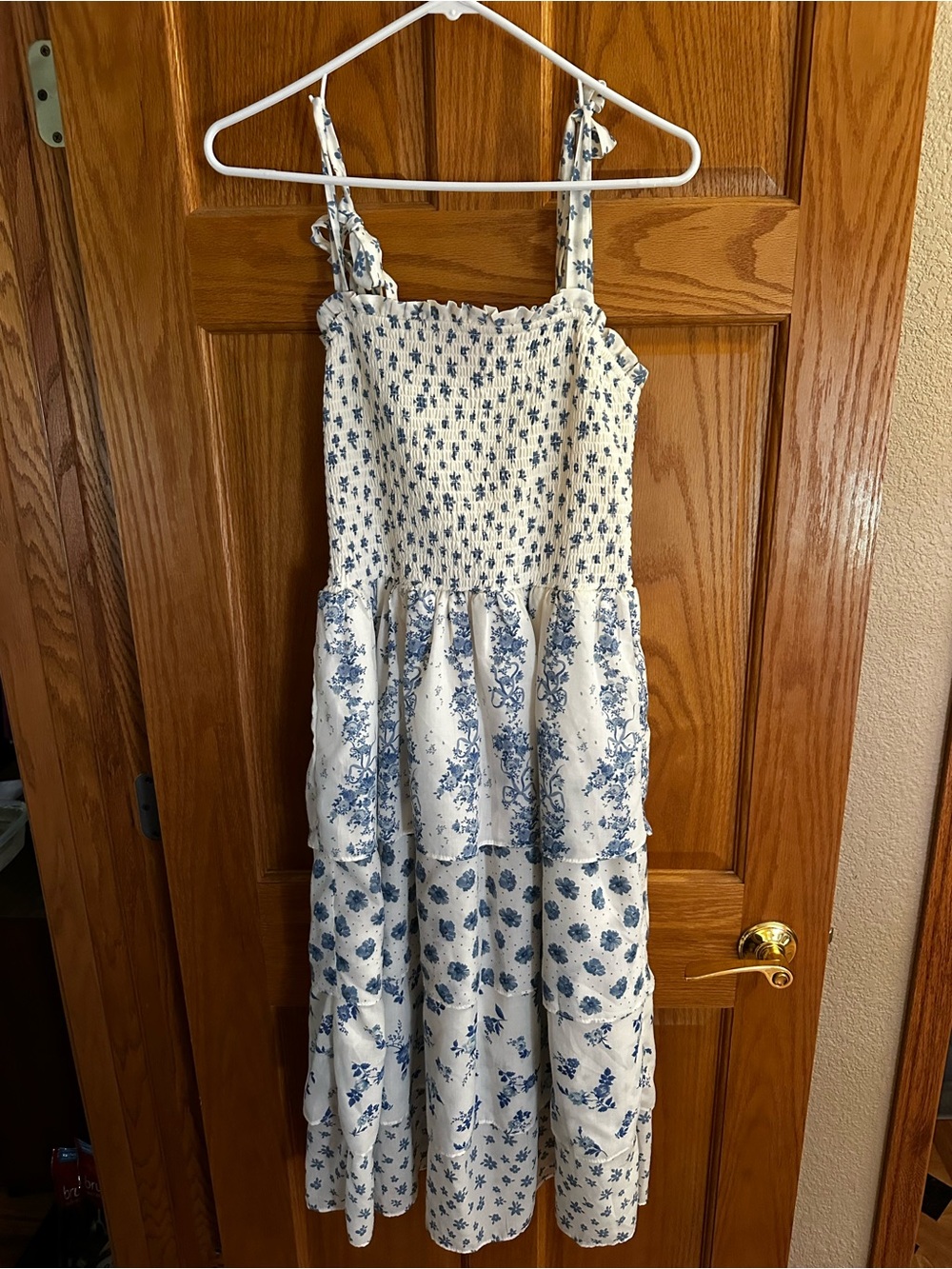 Francesca's Collections White & Blue Floral Tiered Smocked Maxi Dress